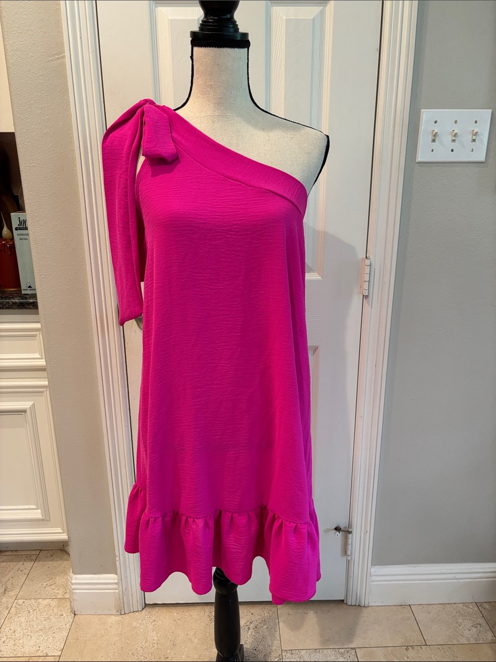 JODIFL One-Shoulder Bow-Detail A-Line Dress in Hot Pink - Small